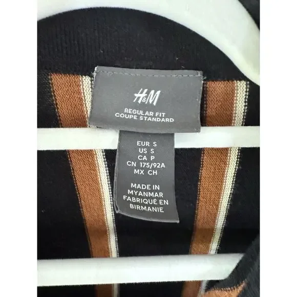 H&M Regular Fit Fine-Knit Striped Polo Shirt Black Beige White Cotton S - Picture 5 of 5